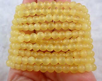 Bright Yellow Cats Eye Crystal Beaded Bracelet - 6mm Smooth Round Beads - Bright Yellow Cats Eye Crystal Beads - Shiny Bracelet #BRCLT#1172