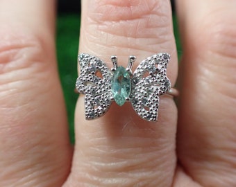1 Piece Adjustable Aqua Blue Tourmaline Butterfly Crystal Ring - Silver Stainless Steel Band - Tourmaline Faceted Oval Crystal #RINGS#1061