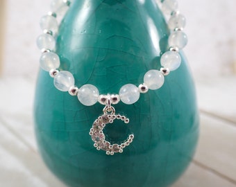 One Blue Flash Rainbow Moonstone Beaded Moon Crystal Bracelet - 10mm Moon Charm - 6mm Round Beads - White Silver Metal Bracelet #JEWEL#1135