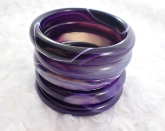 60.4mm Purple Agate Crystal Bangle Bracelet - Purple White Dyed Banded Crystal Bracelet - Flat Inside Dyed Smooth Agate Bangle #JEWEL#1194