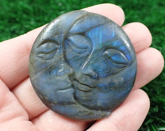Flashy Blue Labradorite Crystal - Sleeping Moon Carving - Strong Flash Crystal - 1.75 Inch Natural Labradorite Crystal Moon Face #MOONS#1028