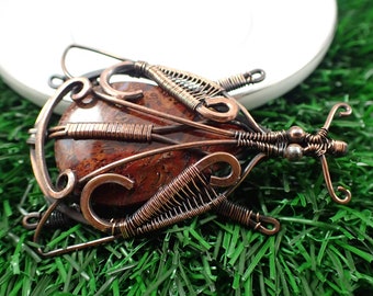 Moss Agate Wire Wrapped Crystal Insect - Red Moss Agate Teardrop Cabochon - 2.5 Inch Large Crystal Bug - Handmade Copper Red Moss ACSRY#1007