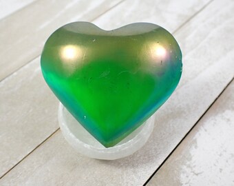 Shiny Green Aura Selenite Crystal Heart Carving - Large Shiny Green Heart - Smooth Polished Crystal - 2.5 Inch Big Heart Crystal #HEART#1079