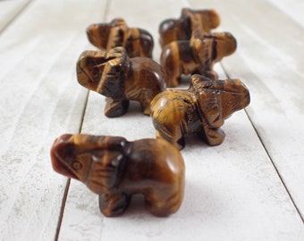 Mini Tiger Eye Jasper Crystal Elephant Carving - Brown Gold Shiny - Small Standing Elephant Figurine - 1 Inch Animal Carving #MINIS#1026