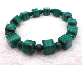 Green Malachite Mini Crystal Cube Bracelet- Small Round Bead - Crystal Cube Beveled Edge - 9mm Green Malachite Crystal - Cube #BRCLTS#1246