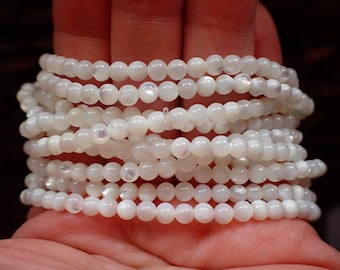 Pretty Bright White Shell Bracelet - 4mm Tiny Round Beads - Shiny White Shell Beaded Bracelet - Smooth White 4mm Beads Stackable #BRCLT#1183