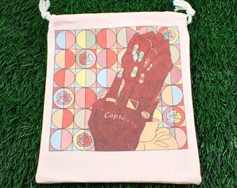 1 Piece Capricorn Hand Linen Fabric Crystal Pouch - Pink Brown Blue Yellow Green - Capricorn Zodiac Tarot Card Bag 6.75x5.75 Inch POUCH#1036