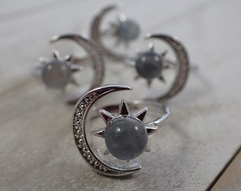1 Piece Adjustable Labradorite Crystal Ring - Sun Moon Stainless Steel Silver Ring - Labradorite Sphere - Silver Flashy Crystal #RINGS#1012