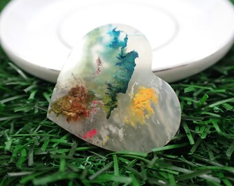 Pretty Dyed Moss Agate Crystal Heart Cabochon - Teal Yellow Pink Clear - Sparkly 1.5 Inch Heart Crystal - Moss Agate Dyed Cab #CBCHN#1099