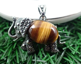 Adorable Natural Tiger Eye Jasper Crystal Elephant Pendant - Silver Tiger Eye Cab - Oval Crystal Pendant - 1.25 Inch Tiger Eye #PNDNT#1079