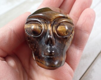 Awesome Natural Tiger Eye Alien Skull Carving - Brown Gold Banded Crystal Carving - 2 Inch Golden Tiger Eye Crystal Alien Skull #SKULL#1035