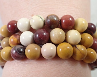 One Mookaite Jasper Crystal Bracelet - 8mm Smooth Round Beads - Mustard Maroon Tan - Natural Mookaite Crystal Bead Bracelet - #BRCLT#1026