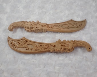 Intricate Wood Dragon Carving Knife - Brown Double Sided Knife - 8 Inch Sword Carving - Decorative Wooden Sword with Hole #CRVNG#2204