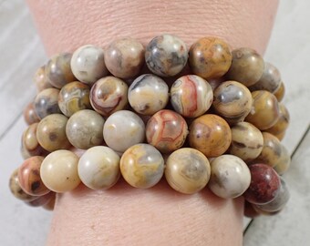 One Crazy Lace Agate Crystal Bead Bracelet - 10mm Smooth Round Beads - Shiny Yellow Orange Gray - Natural Crazy Lace Agate - #BRCLT#1031
