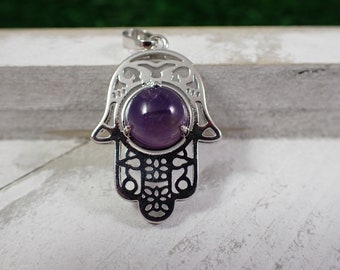1 Piece Natural Amethyst Cab Crystal Pendant - Hamsa Hand Silver - Small Natural Amethyst Crystal Pendant - Amethyst 30x23x8mm #PNDNT#1030