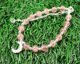 One Pink Strawberry Quartz Moon Crystal Bracelet - 10mm Moon Charm - 6mm Strawberry Quartz Round Beads - Silver Metal Bracelet #JEWEL#1304