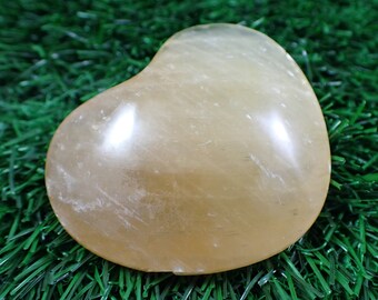 Super Flashy Honey Calcite Crystal Heart Carving - Large Silver Flash Heart - 2.5 Inch Smooth Polished Crystal - Chipped Edges #HEART#1084