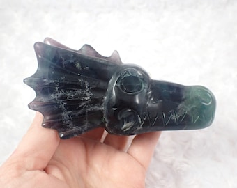 Large Natural Rainbow Fluorite Crystal Dragon Skull  - Purple Green White Skull - 4 Inch Fluorite Dragon Skull Crystal Carving #SKULL#1028