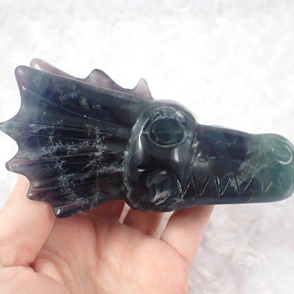 Large Natural Rainbow Fluorite Crystal Dragon Skull  - Purple Green White Skull - 4 Inch Fluorite Dragon Skull Crystal Carving #CRVNG#2189
