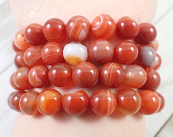 One Natural Carnelian Crystal Bracelet - 10mm Smooth Round Beads - Burnt Orange White Banding - Natural Carnelian Crystal Beads #BRCLT#1019