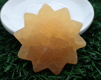 Bright Orange Calcite Crystal Sunflower Carving - Flat Back Textured Sunflower - Yellow Orange Calcite Sunflower Crystal Carving #FLWRS#1001