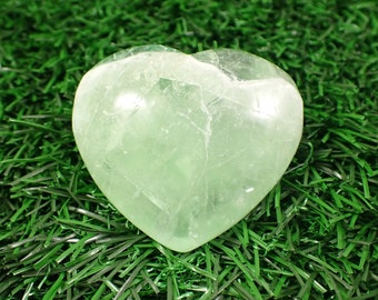 Super Flashy Natural Fluorite Crystal Heart Carving - Green White Vein Heart - 2 Inch Rainbow Flash Silver Flash Heart Carving #HEART#1046