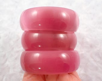 61.8mm Thick Shiny Pink Cats Eye Crystal Cuff Bangle Bracelet - Smooth Finish Flat Inside Bangle Bracelet - Pink Cat Eye Crystal #JEWEL#1563