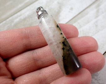 Green Moss Agate Crystal Bottle Pendant - White Green Silver Cylinder Tube - 2 Inch Smooth Crystal - Moss Agate Oil Bottle #PNDNT#1056
