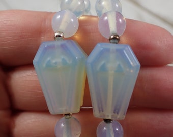 White Opalite Crystal Coffin Bracelet - 8mm Smooth Round Beads - Coffin with Bat Bead - White Opalite Coffin Beaded Bracelet #JEWEL#1037