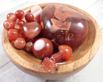 Carnelian Crystal Bowl Set - All Pieces Included - Handmade Wood Bowl - Carnelian Palm Stone Sphere Mushroom Bracelet Mini Point Heart Ring