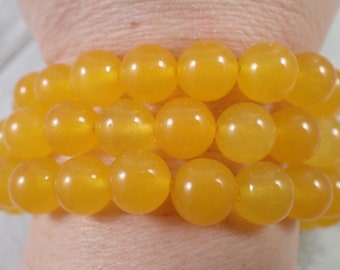 One Yellow Chalcedony Crystal Bead Bracelet - 10mm Smooth Round Beads - Shiny Deep Yellow Chalcedony Crystal Beaded Bracelet - #BRCLT#1046