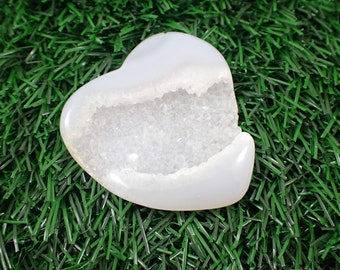 Sugar Texture Druzy Agate Crystal Heart Carving - Smooth Heart Crystal - Gray Druzy Agate - 2 Inch Heart  Sparkle Druzy Agate #HEART#1077