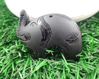 1 Piece Black Obsidian Crystal Elephant Pendant - Shiny and Matte Finishes - Black Arched Elephant Pendant - 1.75 Inch Pendant #PNDNT#1044
