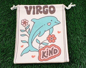 1 Piece Virgo Dolphin Linen Fabric Crystal Pouch - Turquoise Pink White Red - Virgo Zodiac Tarot Card Bag - 6.5x5.75 Inches Bag #POUCH#1035