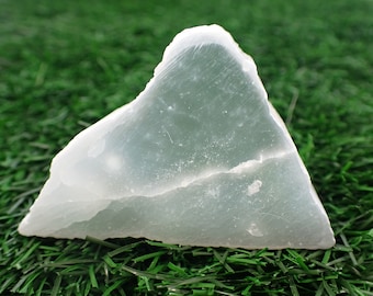 1 Piece Natural Optical Selenite Crystal - Thick Smooth Raw Edge - Clear Selenite Chunk - Standing Triangle TV Stone - 64x42x25mm SLABS#1014