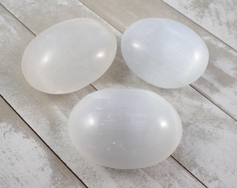 Lovely Natural Selenite Crystal Palmstone - Bright White Oval Palm - Thick Smooth Polished - 2.5 Inch Shiny Selenite Crystal #PALMS#1188