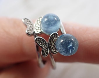 1 Piece Adjustable Aquamarine Crystal Ring - Natural Aquamarine Mini Sphere - Silver Stainless Steel Butterfly - Adjustable Ring #RINGS#1018