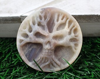 Skull in Tree Flashy Sunstone Moonstone Crystal - Round Thick Coin Carving - Flashy Blue Silver Moonstone Sunstone - Tree Skull #CRVNG#1869