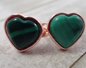 1 Piece Natural Malachite Heart Adjustable Crystal Ring - Large Green Banded Heart Shaped Crystal - Rose Gold Metal Adjustable #RINGS#1001
