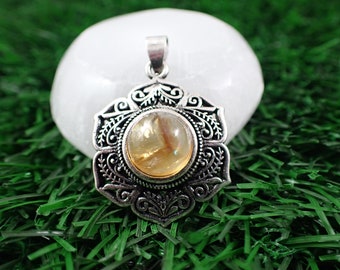 Beautiful Citrine Silver Flower Pendant - Natural Crystal Pendant - 1 Inch Round Citrine Cabochon - Silver Citrine Flower Pendant PNDNT#1081