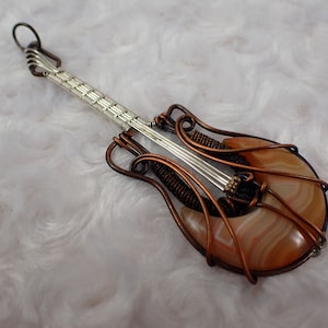 Gorgeous Wire Wrapped Fossilized Carnelian Moon Cab Guitar - Crystal Cabochon - Silver Copper Wrapped Pendant - 4 Inch Guitar #PNDNT#1105