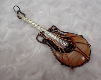Gorgeous Wire Wrapped Fossilized Carnelian Moon Cab Guitar - Crystal Cabochon - Silver Copper Wrapped Pendant - 4 Inch Guitar #PNDNT#1105