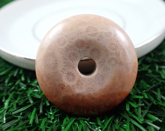 Lovely Natural Fossil Coral Crystal Donut - Smooth Polished Donut Carving - Coral Jade Crystal Pink Beige - 1.25 Inch Donut #MINIS#1081