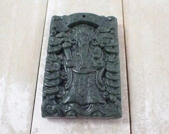 Dark Green Jade Money God Crystal Pendant - Large Detailed Intricate Carving - 2.5 Inch Rectangle Pendant - Green Jade Money God #PNDNT#1101