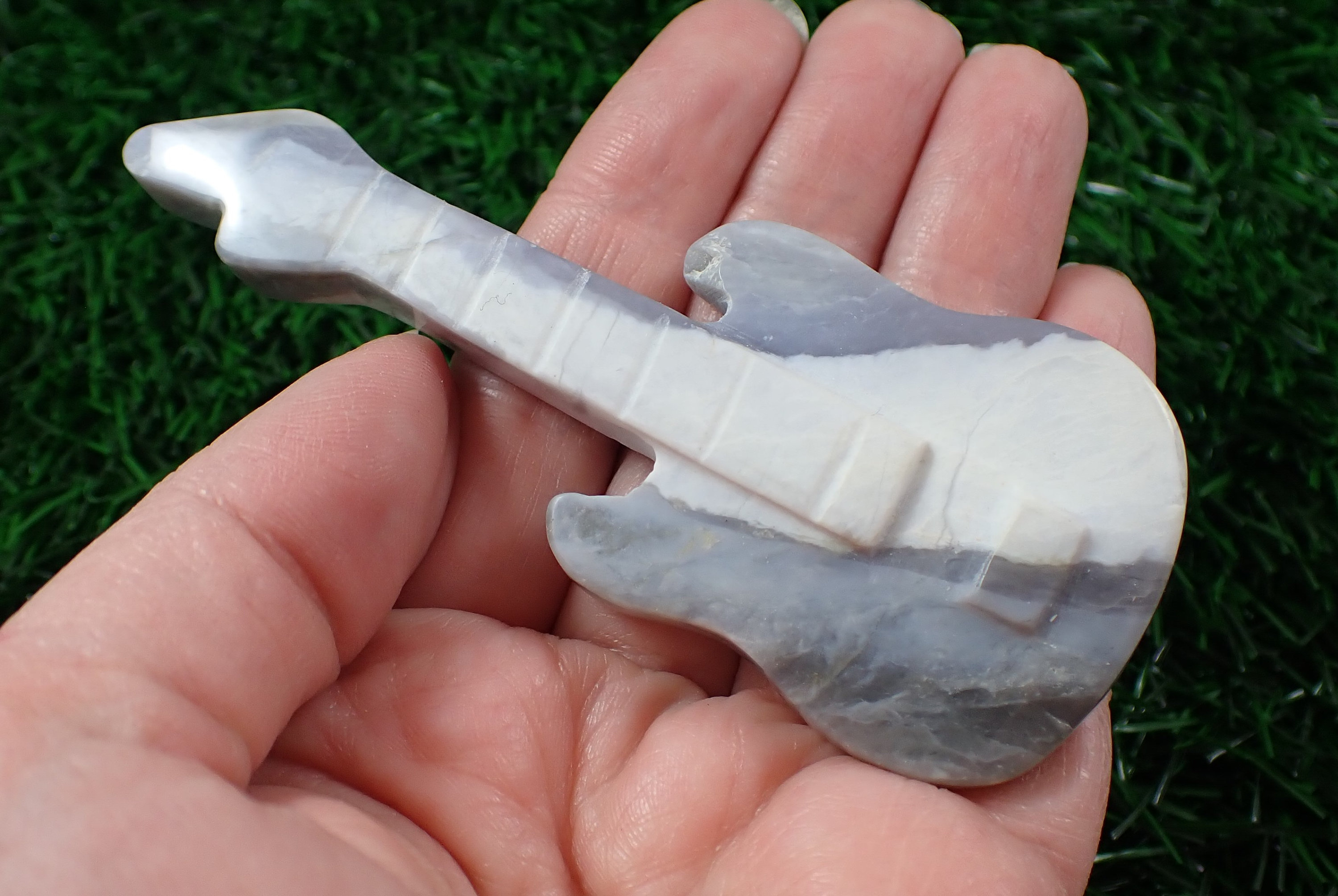 1 Piece Purple Chalcedony Crystal Guitar Carving - Purple White Gray - Large Stone Guitar - 3.75 Inches Purple Chalcedony Guitar #CRVNG#1804