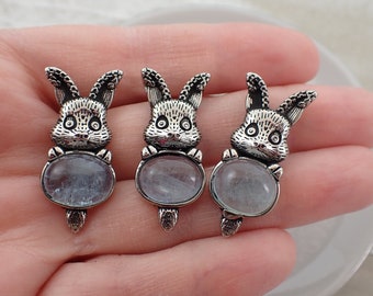 Adorable Aquamarine Cab Bunny Pendant - Natural Aquamarine Crystal - 1.25 Inch Pendant - Aqua Blue Silver Rabbit - Small Bunny #PNDNT#1084