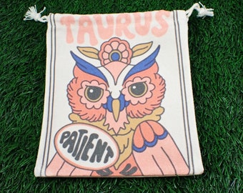 1 Piece Taurus Owl Linen Fabric Crystal Pouch - Orange Peach Pink White - Taurus Zodiac Tarot Card Bag - 6.5x5.75 Inches Owl Bag #POUCH#1035