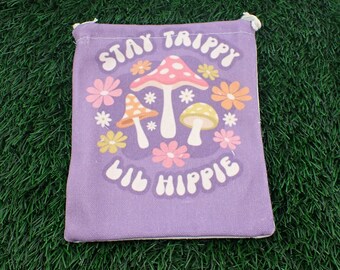 Stay Trippy Purple Linen Fabric Tarot Card Pouch - Purple White Mushroom Bag - Hippy Crystal Bag - 6x5 Inch Purple Shrooms Bag #POUCH#1049