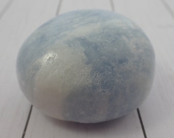 1 Piece Natural Blue Calcite Crystal Palm Stone - Light Blue White Gallet - Medium Smooth Crystal Palm - Blue Calcite Oval Stone #PALMS#1098
