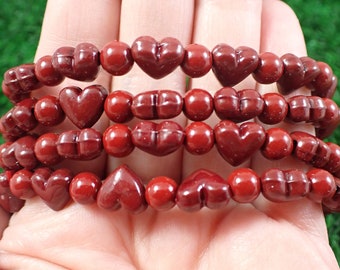 Deep Red Cinnabar Crystal Bracelet - 9mm Heart Beads - 6mm Smooth Round Beads - Deep Red Cinnabar - Crystal Beaded Bracelet - #BRCLT#1119